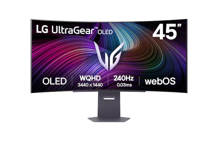 Front view of 45" LG UltraGear™ OLED Curved Gaming Monitor, 800R curve, 5K2K resolution, 165Hz refresh rate, Black (45GX90SA)