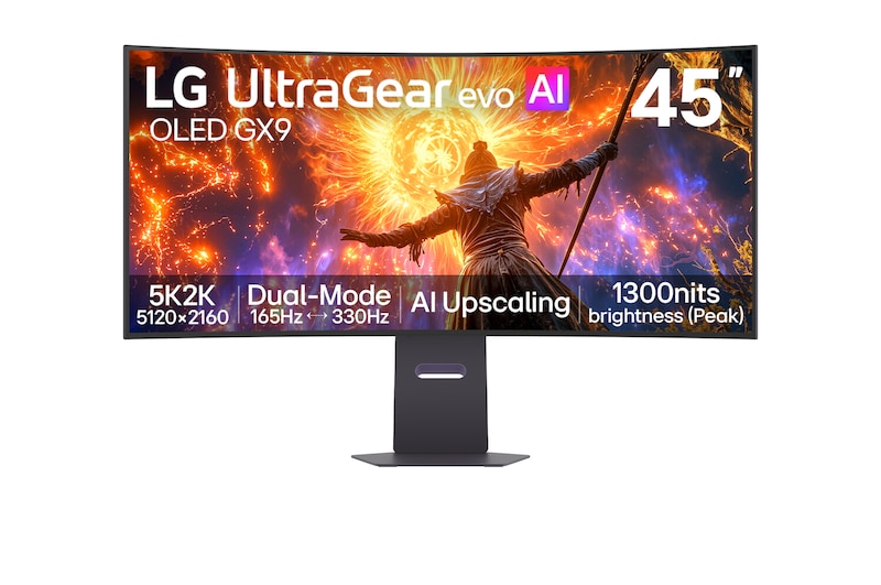 Front view of 45" LG UltraGear evo GX9 Gaming Monitor, World’s First AI Upscaling 5K2K OLED, Black 45GX950B-B