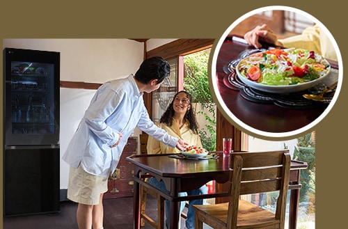 A host is serving breakfast to a guest.