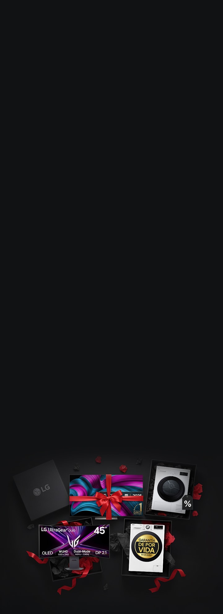 LG gift box displayed with home appliances against a dark background.