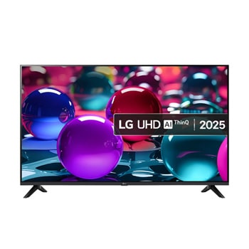Front view of UHD UA73 TV, LG UHD Al Logo on the top corner. LG UHD TV depicts colorful paintike textures coming together.