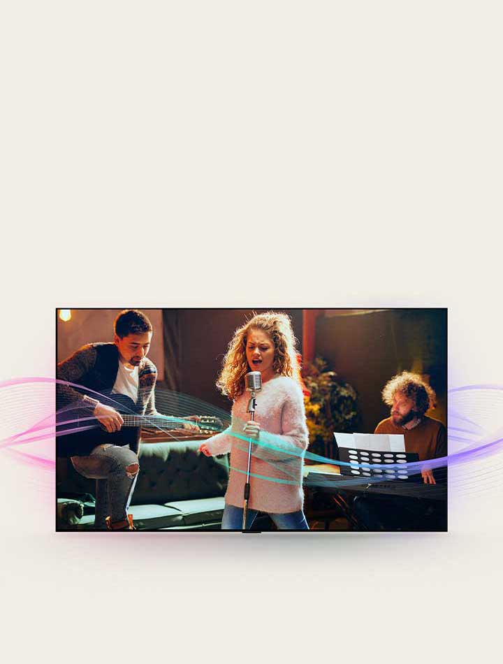 A man playing guitar, a woman singing into a mic, and a man playing the piano are pictured. Soundwaves which are coming from them are seen to show sound emission and how sound quality is enhanced with Al Clear Sound.