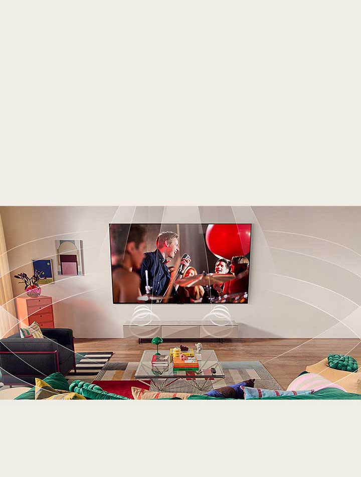 Living room with a wall-mounted LG TV. Sound waves are graphically represented to fill the space showing how virtual 9.1.2 channels create a surround sound experience for the user.
