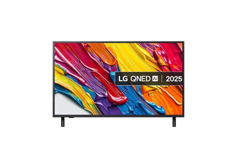 Front view of LG QNED84 TV, LG QNED Al Logo on the top corner. LG QNED TV depicts colorful paintike textures coming together.