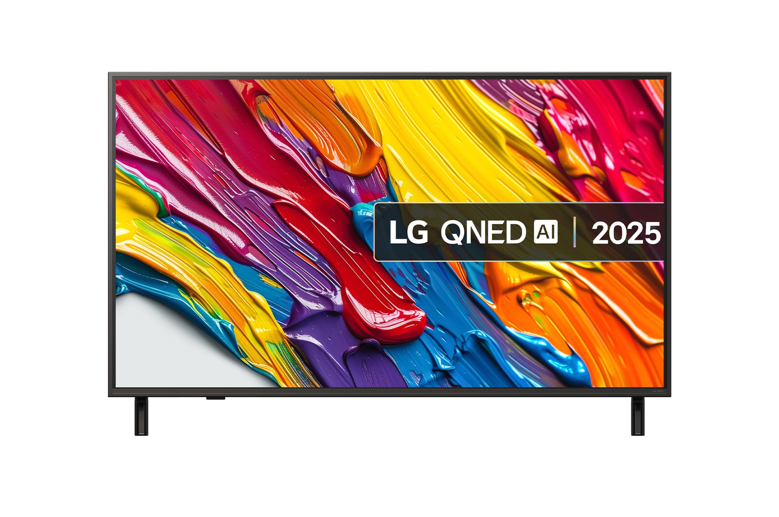 Front view of LG QNED84 TV, LG QNED Al Logo on the top corner. LG QNED TV depicts colorful paintike textures coming together.