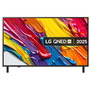 Front view of LG QNED84 TV, LG QNED Al Logo on the top corner. LG QNED TV depicts colorful paintike textures coming together.