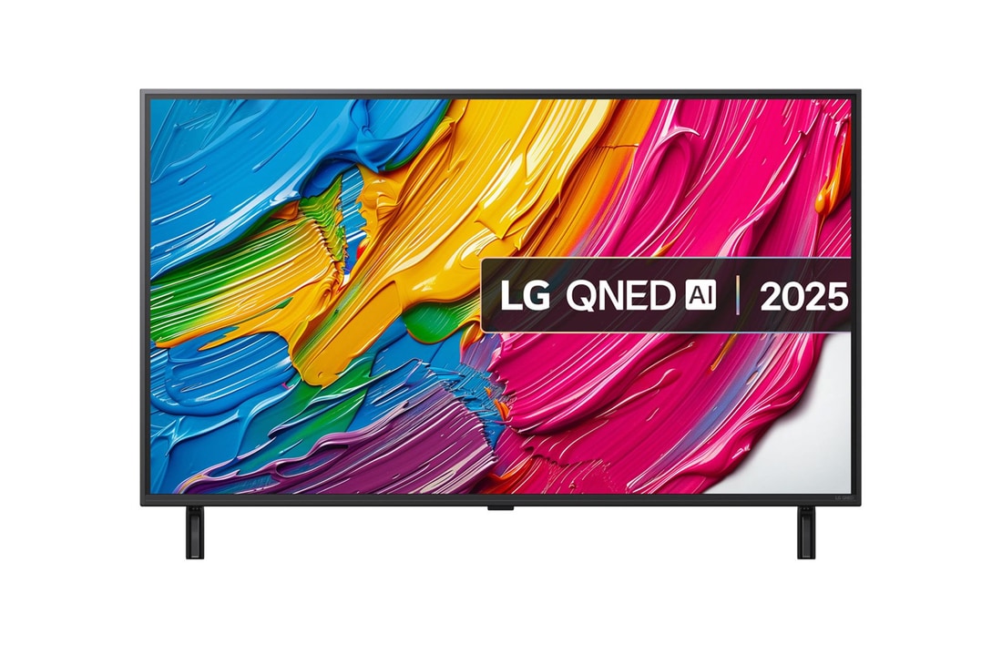 Front view of LG QNED80 TV, LG QNED Al Logo on the top corner. LG QNED TV depicts colorful paintike textures coming together.