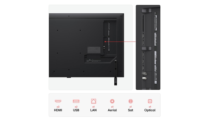 Front view and side view of LG QNED AI QNED80 4K Smart TV showing its length, width, height, and depth dimensions.
