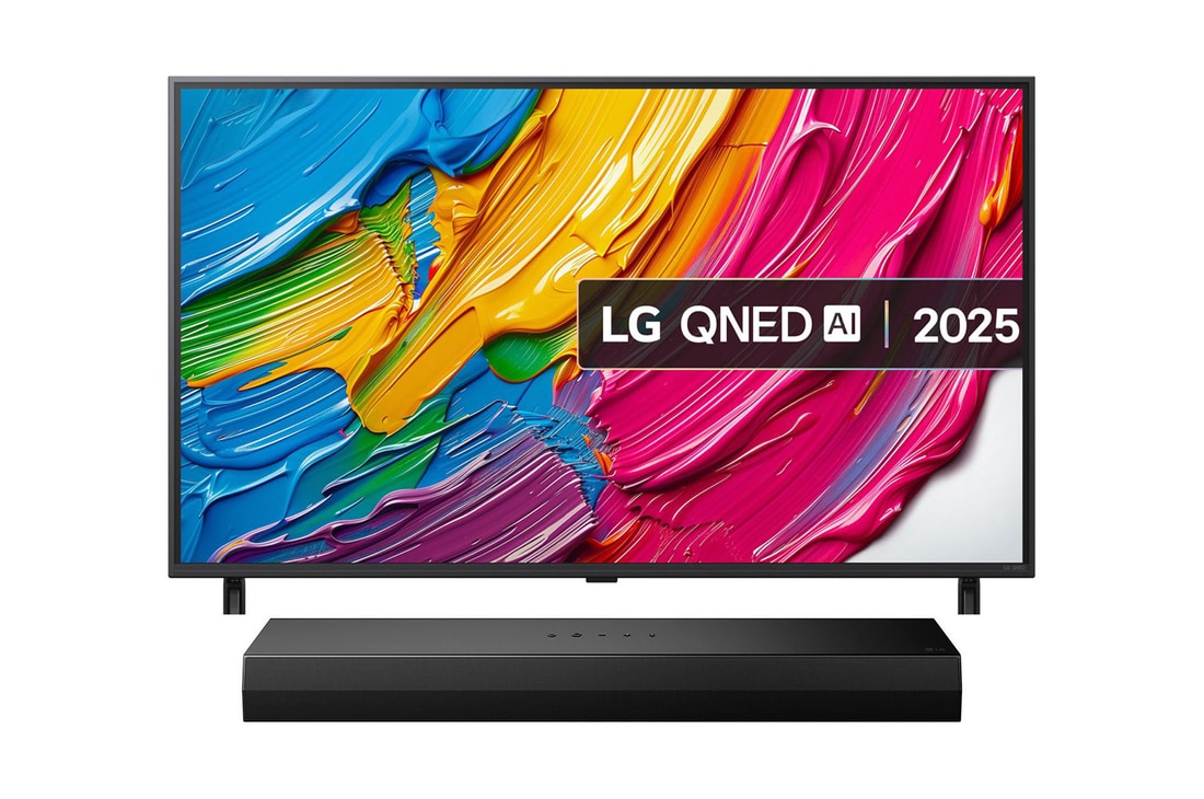 Front view of 43 inch LG QNED AI QNED8E 4K Smart TV 2025 43QNED8EA6B + Front view of 2.0 channels LG Soundbar for TV with Balanced sound in a compact form US20A