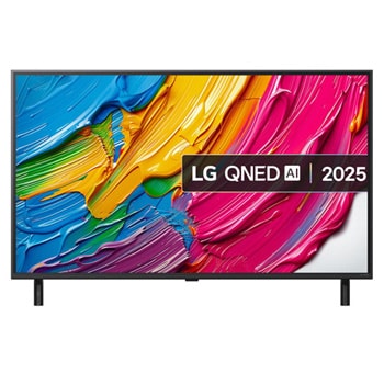Front view of LG QNED80 TV, LG QNED Al Logo on the top corner. LG QNED TV depicts colorful paintike textures coming together.