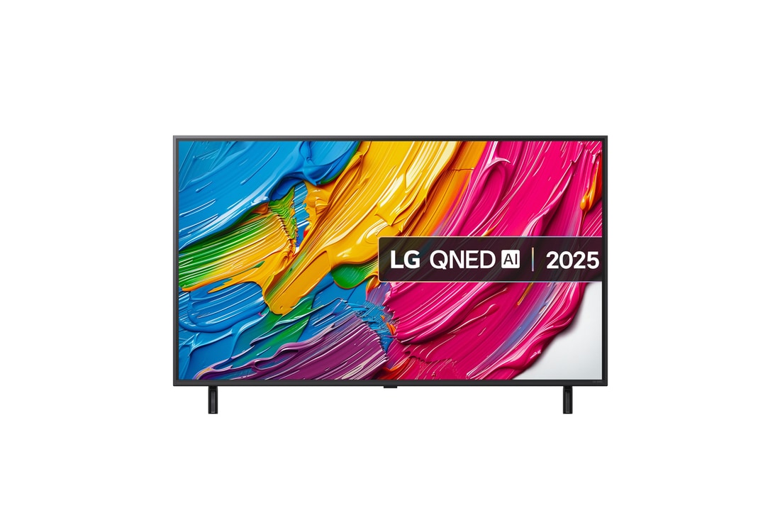 Front view of LG QNED80 TV, LG QNED Al Logo on the top corner. LG QNED TV depicts colorful paintike textures coming together.