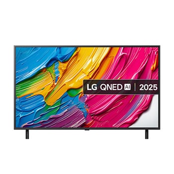Front view of LG QNED80 TV, LG QNED Al Logo on the top corner. LG QNED TV depicts colorful paintike textures coming together.