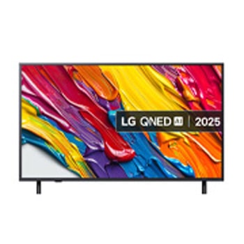 Front view of LG QNED84 TV, LG QNED Al Logo on the top corner. LG QNED TV depicts colorful paintike textures coming together.