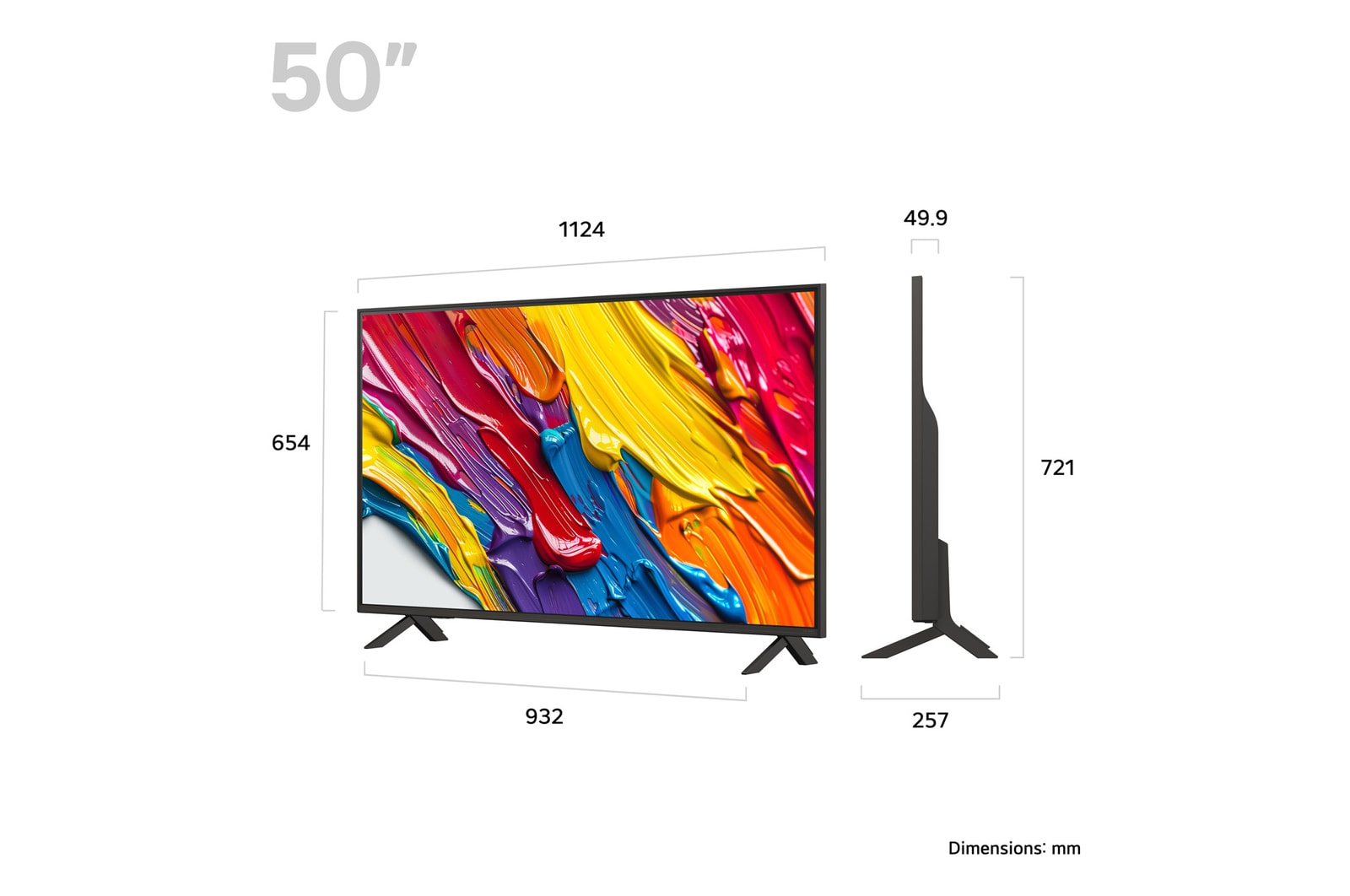 Front view and side view of LG QNED84 AI 4K Smart TV showing its length, width, height, and depth dimensions.