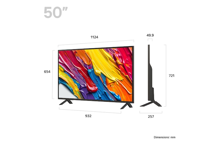 Front view and side view of LG QNED84 AI 4K Smart TV showing its length, width, height, and depth dimensions.