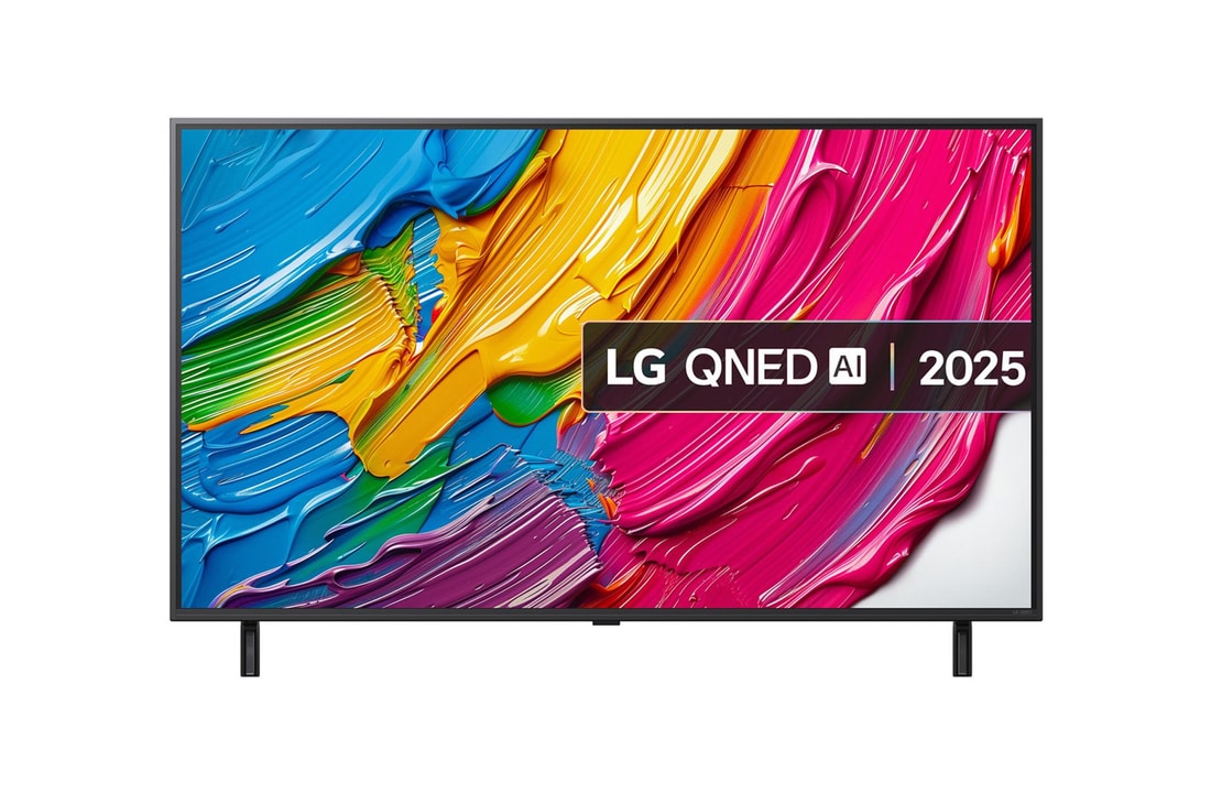Front view of LG QNED80 TV, LG QNED Al Logo on the top corner. LG QNED TV depicts colorful paintike textures coming together.