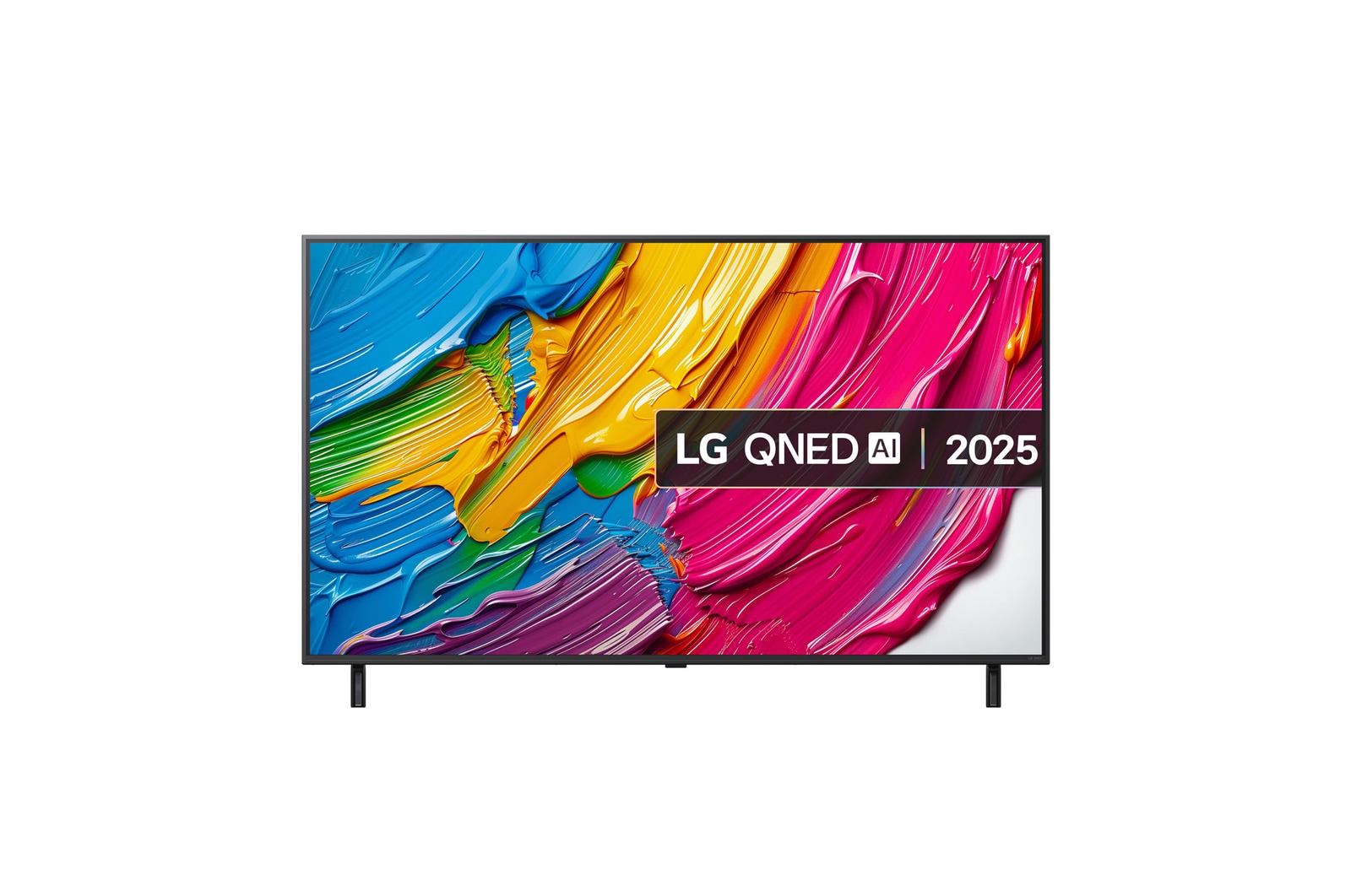 Front view of LG QNED80 TV, LG QNED Al Logo on the top corner. LG QNED TV depicts colorful paintike textures coming together.