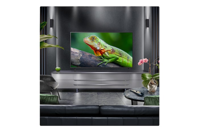 Perspective from the inside of a cave looking out to its entrance where a blue sky and horizon can be seen. The whole scene is split in half to show the capability of QNED's Advanced Local Dimming. On one side, the colors and detail are washed out and the visuals seem muddy. The label says, Conventional LED. The other side has great blacks, better contrast, brightness and color.