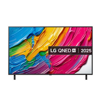 Front view of LG QNED80 TV, LG QNED Al Logo on the top corner. LG QNED TV depicts colorful paintike textures coming together.