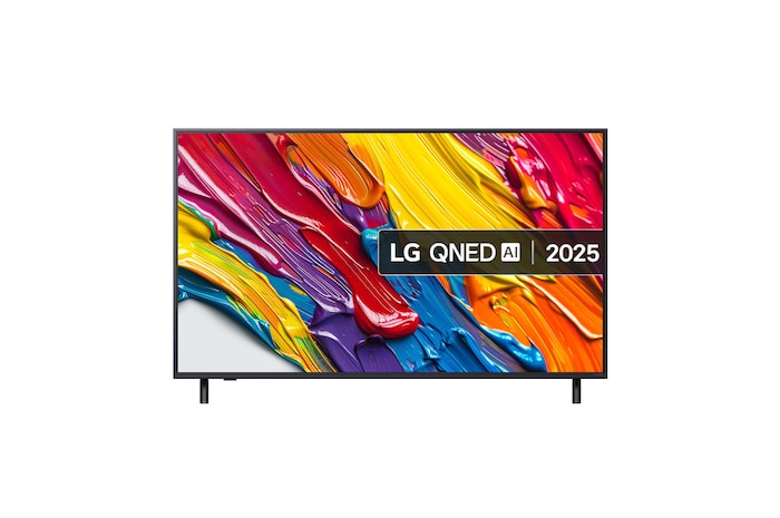 Front view of LG QNED82 TV, LG QNED Al Logo on the top corner. LG QNED TV depicts colorful paintike textures coming together.