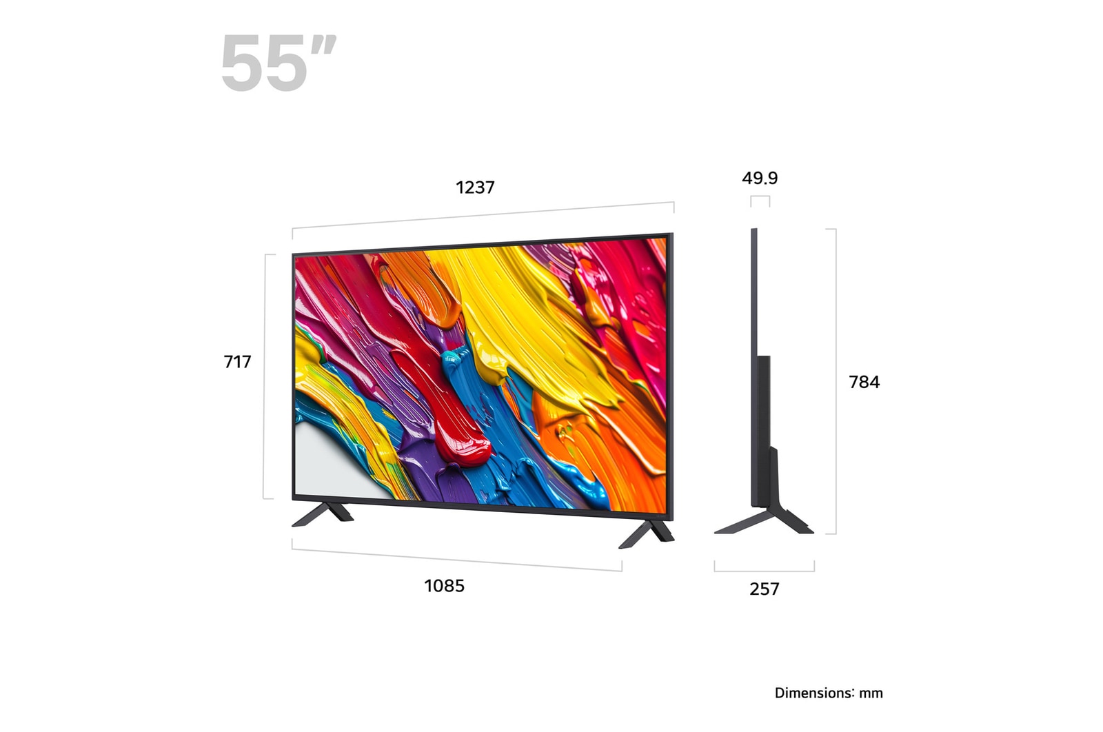 Front view and side view of LG QNED82 AI 4K Smart TV showing its length, width, height, and depth dimensions.