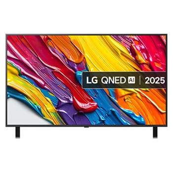 Front view of LG QNED82 TV, LG QNED Al Logo on the top corner. LG QNED TV depicts colorful paintike textures coming together.