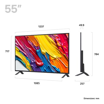 Front view and side view of LG QNED82 AI 4K Smart TV showing its length, width, height, and depth dimensions.