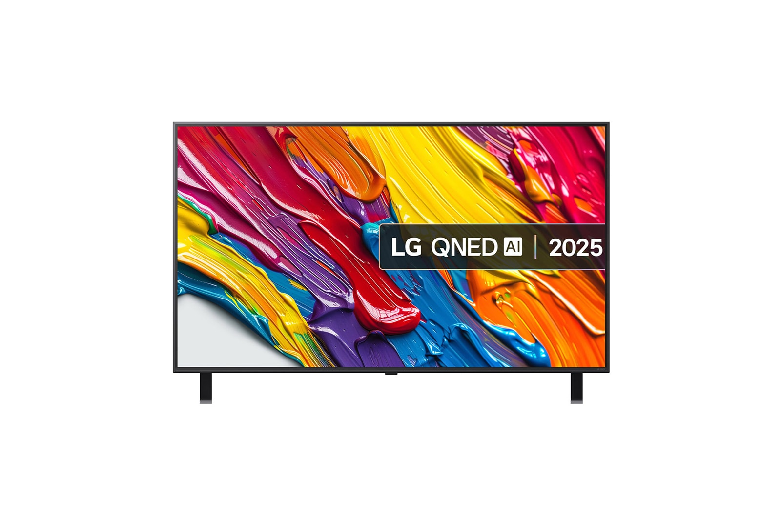 Front view of LG QNED84 TV, LG QNED Al Logo on the top corner. LG QNED TV depicts colorful paintike textures coming together.