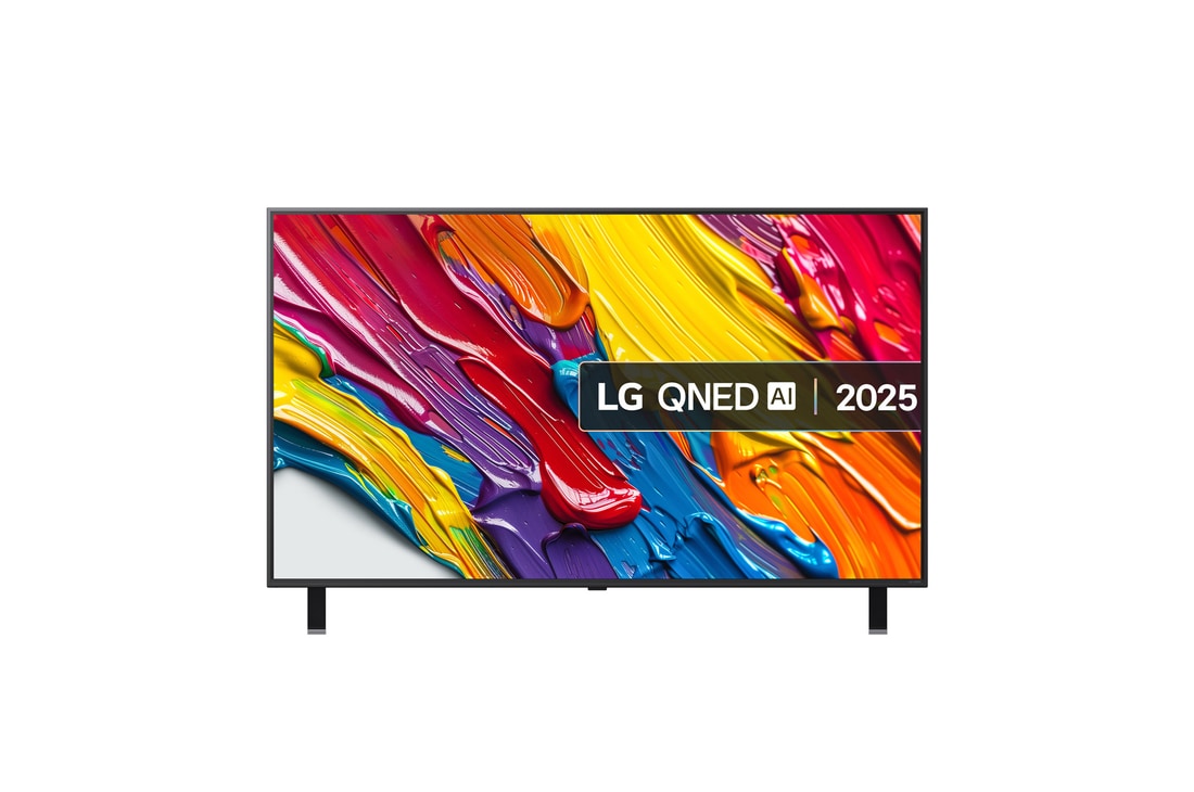 Front view of LG QNED80 TV, LG QNED Al Logo on the top corner. LG QNED TV depicts colorful paintike textures coming together.