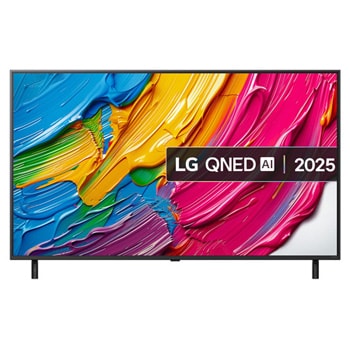 Front view of LG QNED80 TV, LG QNED Al Logo on the top corner. LG QNED TV depicts colorful paintike textures coming together.