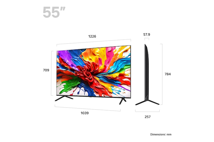 Front view and side view of LG QNED evo AI QNED92 4K Smart TV showing its length, width, height, and depth dimensions.