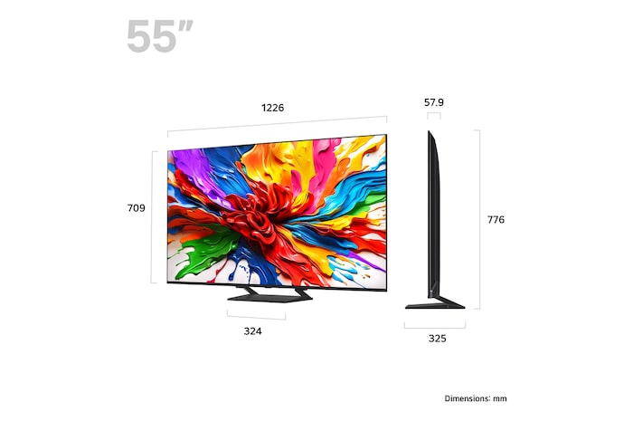 Front view and side view of LG QNED evo AI QNED92 4K Smart TV showing its length, width, height, and depth dimensions.