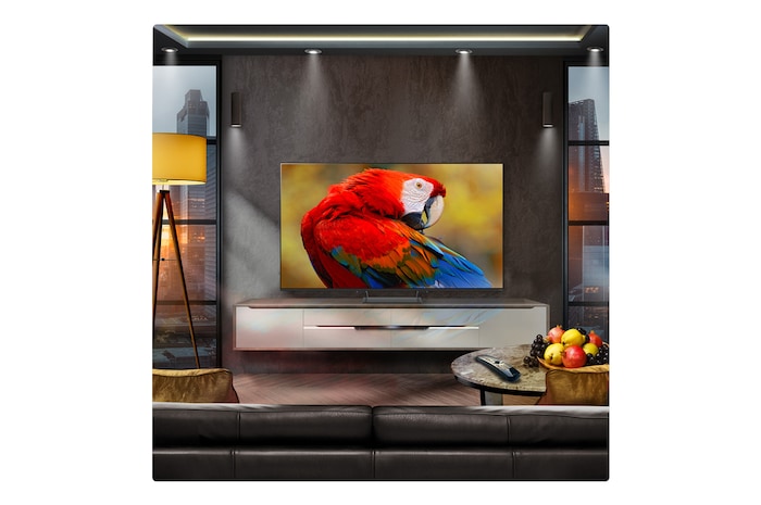 A family sits on a couch facing a LG QNED TV sitting above a TV stand with a little girl pointing to a screen depicting two dolphins. The title talks about how you can enjoy high resolution on a massive screen.