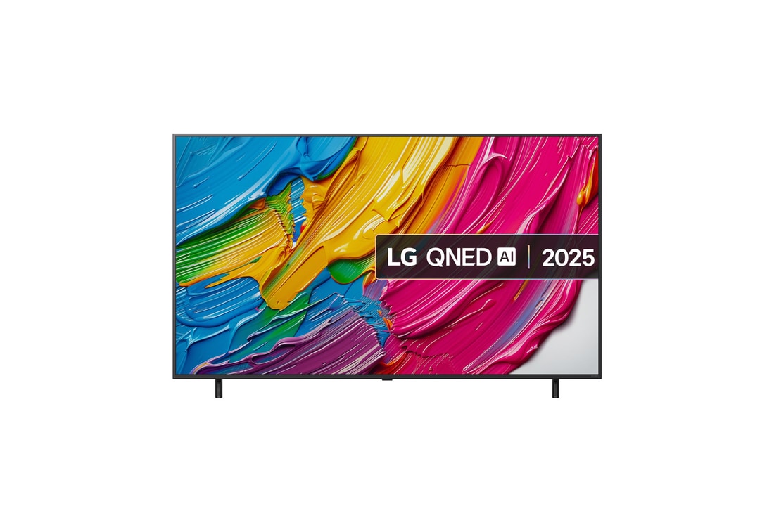 Front view of LG QNED80 TV, LG QNED Al Logo on the top corner. LG QNED TV depicts colorful paintike textures coming together.