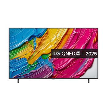 Front view of LG QNED80 TV, LG QNED Al Logo on the top corner. LG QNED TV depicts colorful paintike textures coming together.