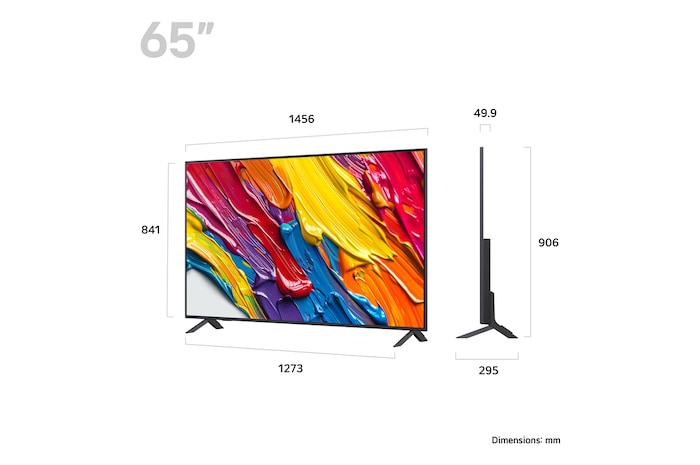 Front view and side view of LG QNED84 AI 4K Smart TV showing its length, width, height, and depth dimensions.