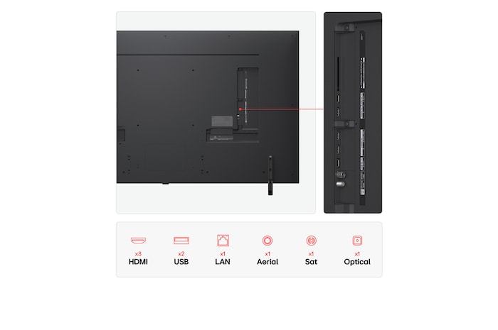 Front view and side view of LG QNED AI QNED80 4K Smart TV showing its length, width, height, and depth dimensions.