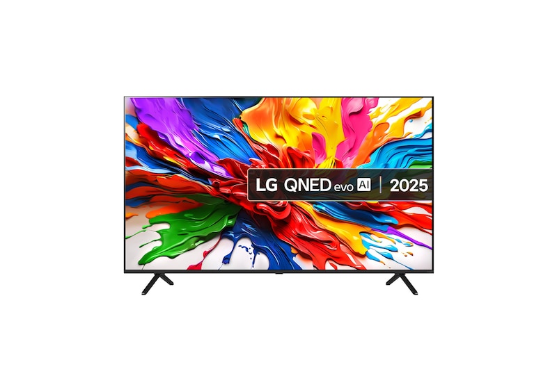 Front view of LG QNED evo QNED92 TV, LG QNED evo Al Logo on the top corner. LG QNED evo TV depicts colorful paintike textures coming together.