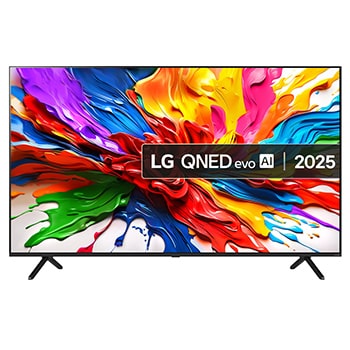 Front view of LG QNED evo QNED92 TV, LG QNED evo Al Logo on the top corner. LG QNED evo TV depicts colorful paintike textures coming together.