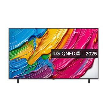 Front view of LG QNED80 TV, LG QNED Al Logo on the top corner. LG QNED TV depicts colorful paintike textures coming together.