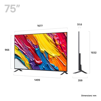 Front view and side view of LG QNED82 AI 4K Smart TV showing its length, width, height, and depth dimensions.