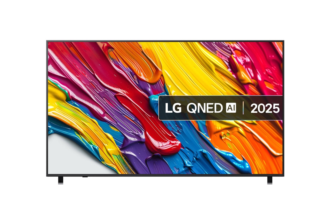 Front view of LG QNED84 TV, LG QNED Al Logo on the top corner. LG QNED TV depicts colorful paintike textures coming together.