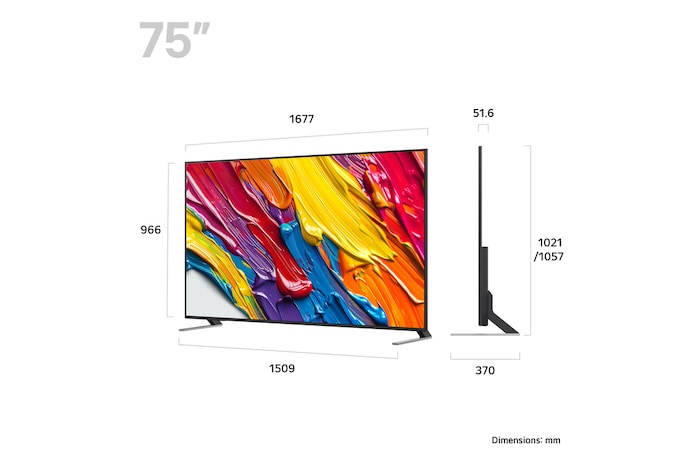 Front view and side view of LG QNED84 AI 4K Smart TV showing its length, width, height, and depth dimensions.