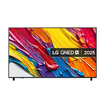 Front view of LG QNED84 TV, LG QNED Al Logo on the top corner. LG QNED TV depicts colorful paintike textures coming together.
