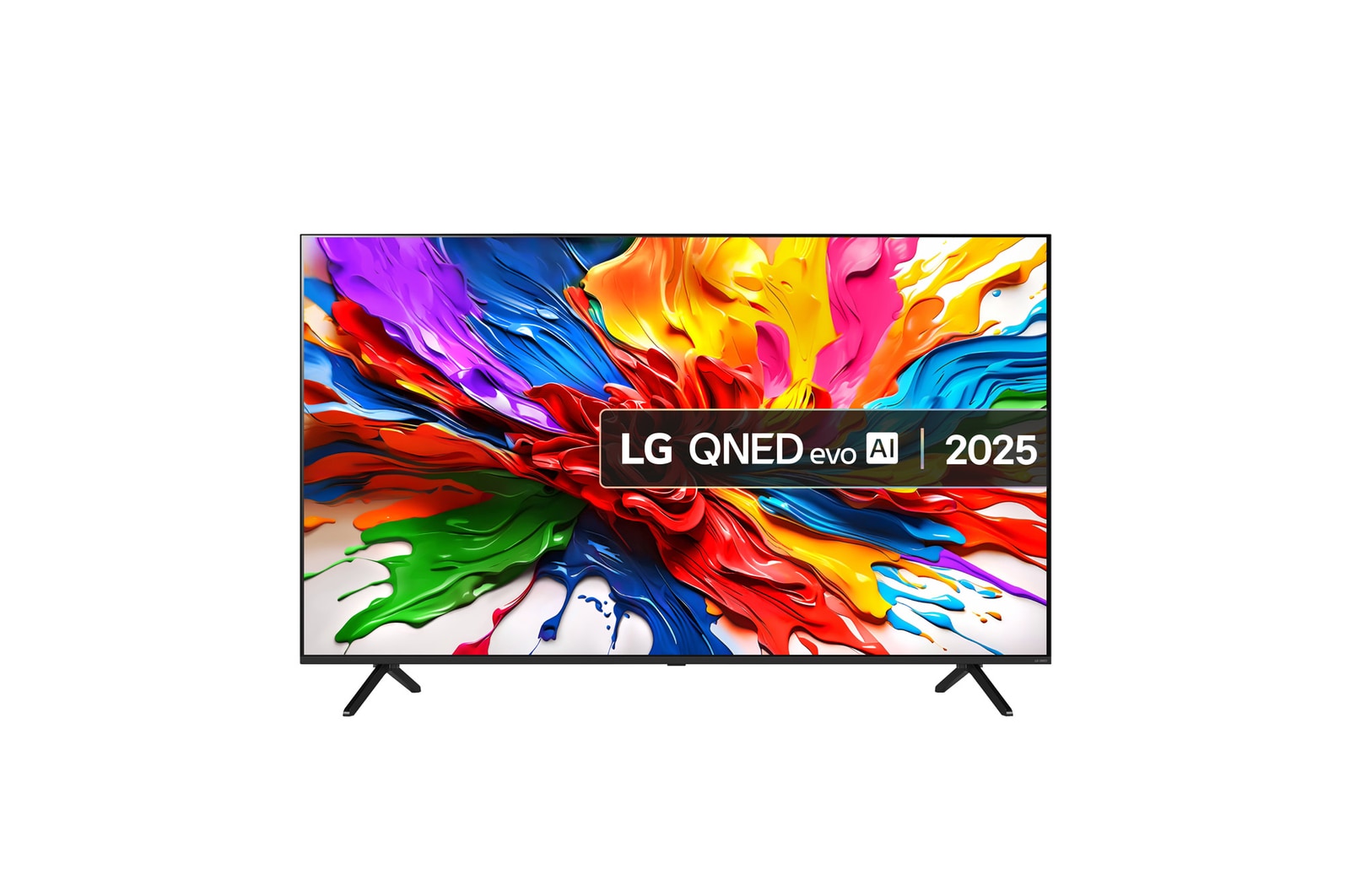 Front view of LG QNED evo QNED92 TV, LG QNED evo Al Logo on the top corner. LG QNED evo TV depicts colorful paintike textures coming together.