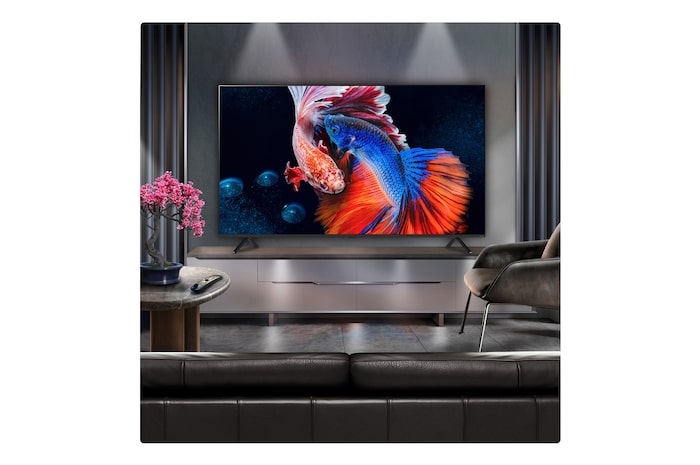 A family sits on a couch facing a LG QNED TV sitting above a TV stand with a little girl pointing to a screen depicting two dolphins. The title talks about how you can enjoy high resolution on a massive screen.