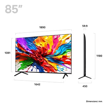 Front view and side view of LG QNED evo AI QNED92 4K Smart TV showing its length, width, height, and depth dimensions.