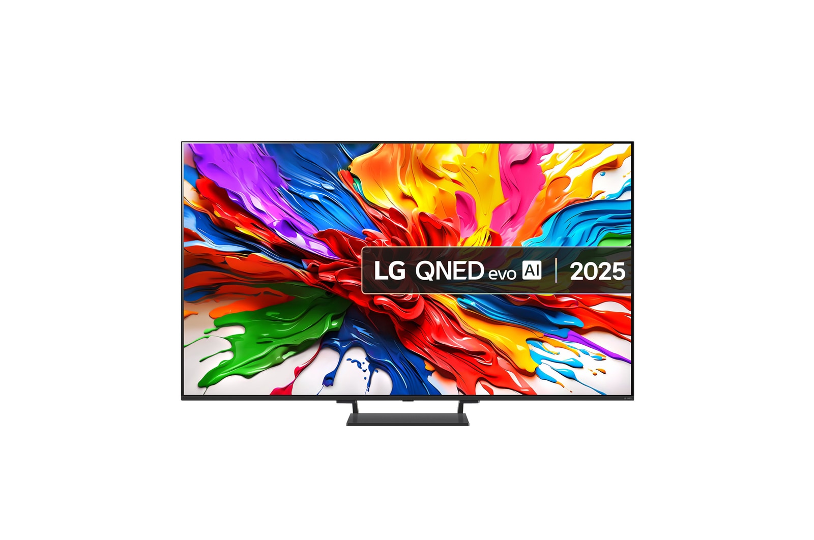 Front view of LG QNED evo QNED93 TV, LG QNED evo Al Logo on the top corner. LG QNED evo TV depicts colorful paintike textures coming together.