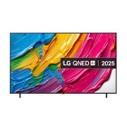 Front view of LG QNED80 TV, LG QNED Al Logo on the top corner. LG QNED TV depicts colorful paintike textures coming together.