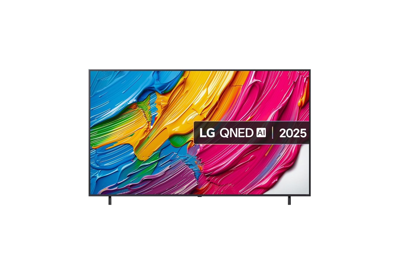 Front view of LG QNED80 TV, LG QNED Al Logo on the top corner. LG QNED TV depicts colorful paintike textures coming together.